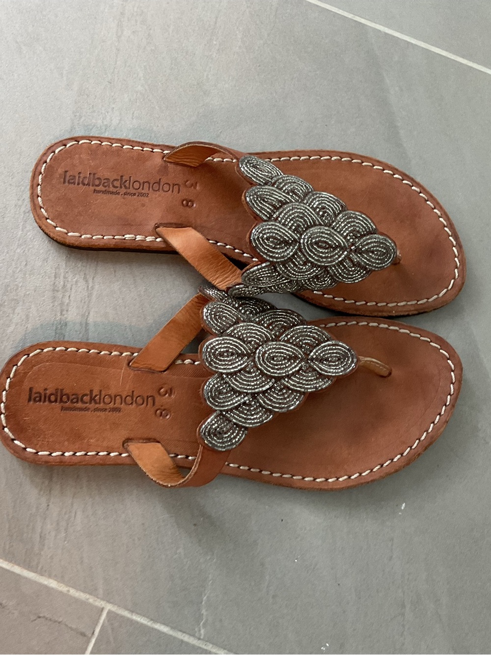 Women's Laidback London Brown Leather Thong Sandals - Silver Beadwork